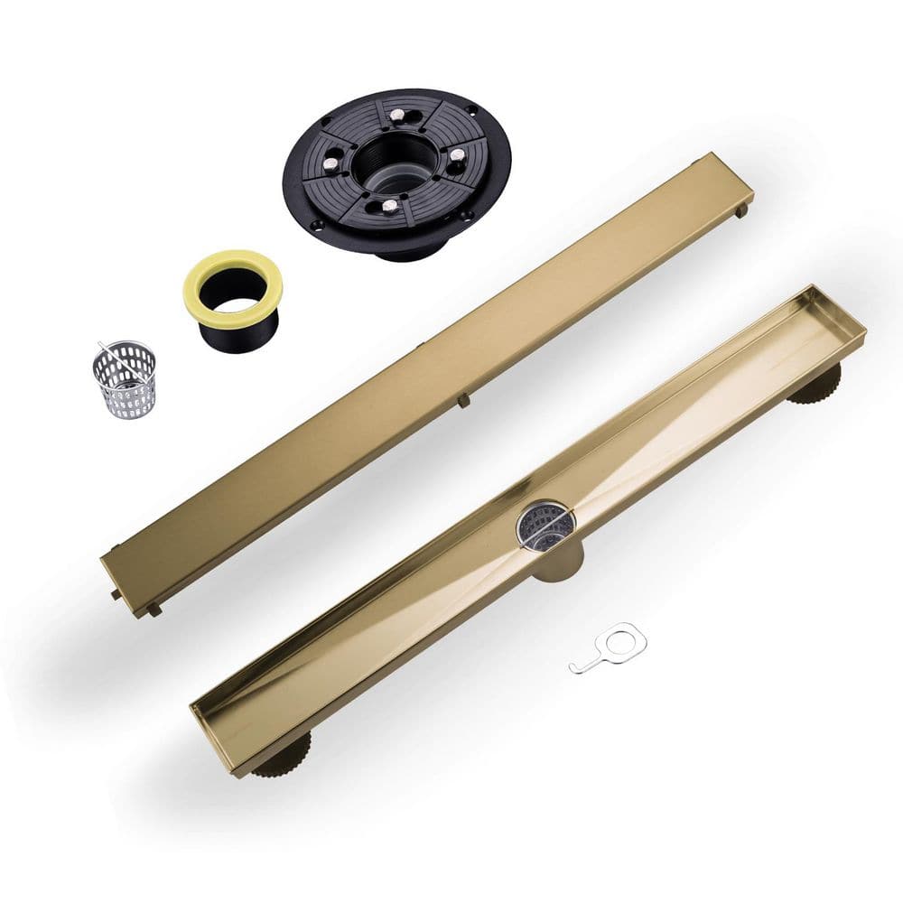 24 in. Stainless Steel Linear Shower Floor Drain with Drain Base, Hair Strainer and Adjustable Feet in Brushed Gold price history on PriceWatchPro