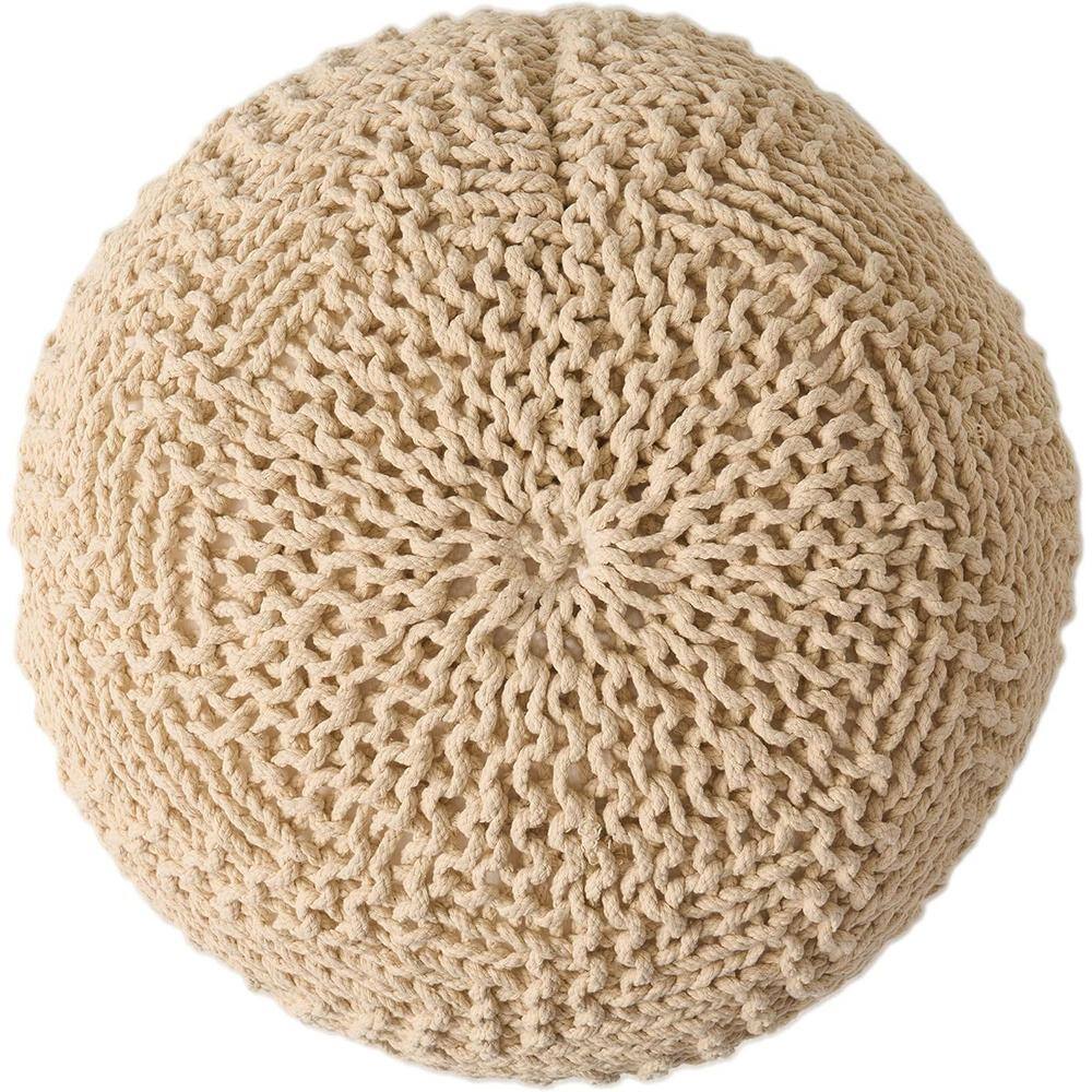 Modern Ivory Stylish and Cozy Knit Weave Pouf on Throw Blanket of Living Ro