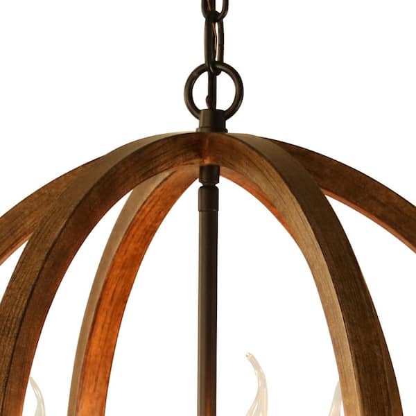 Canyon Home 3 Light Wood Patterned, Wood And Iron Globe Chandelier