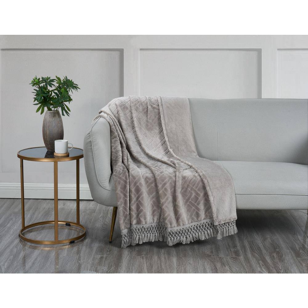 VIDERI HOME Diamond Fringe Plush Gray Throw Blanket 104882 The Home Depot