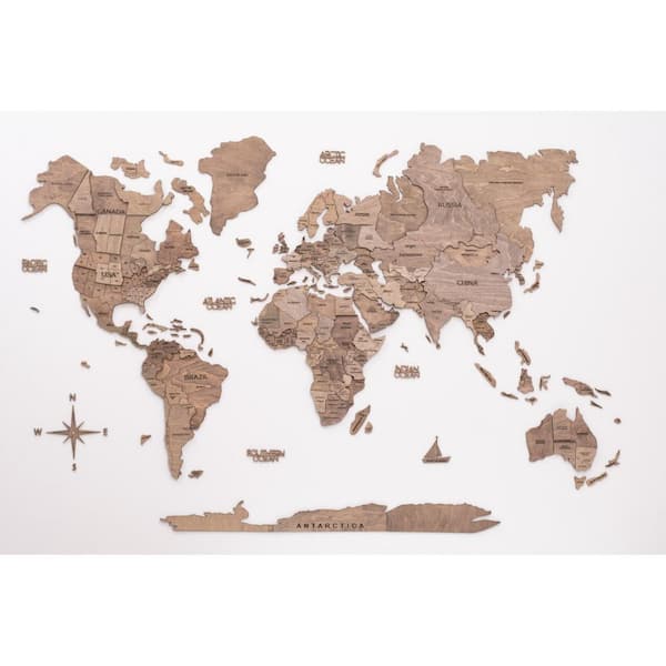 HomeRoots 79 in. x 47 in. Brown Wood Wood World Map Hanging Dimensional Wall Art 1-Piece