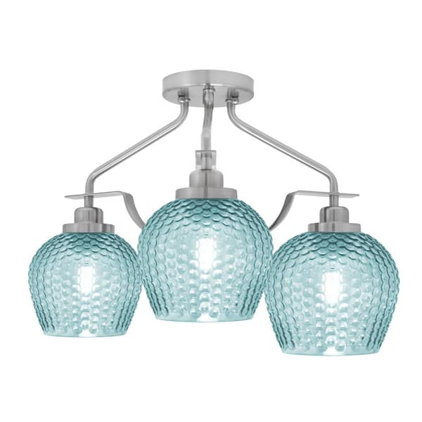 Monroe 16.75 in. 3- Light Brushed Nickel Shaded Flush Mount with 6 in. Turquoise Textured Glass No Bulbs Included