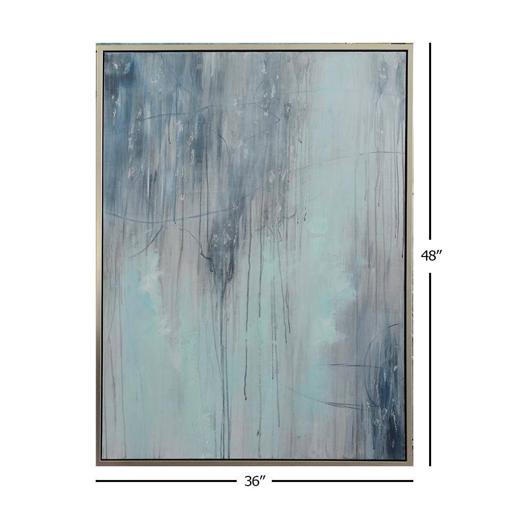 Blue and White Abstract Oil Painting on Canvas with Silver Frame