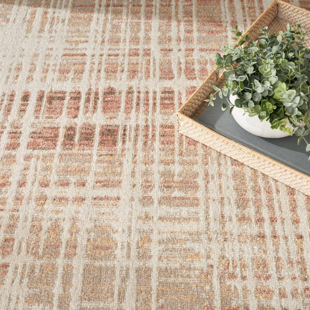 Beige Peach Abstract Polyester Machine Washable Runner Rug
