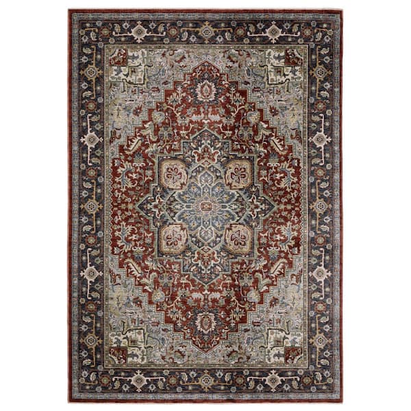 Elanor Red/Blue 10 ft. x 13 ft. Traditional Oriental Medallion Distressed Polyester Fringe-Edge Indoor Area Rug
