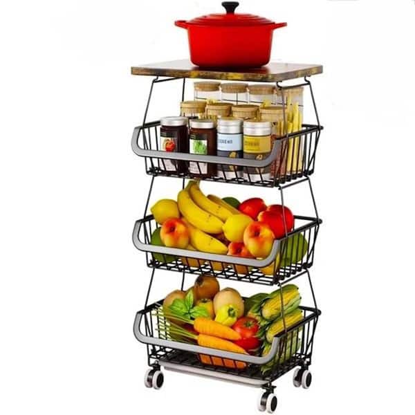 4 Tier Fruit Storage Basket, Fruit Vegetable Cart with Solid Wood, Kitchen Storage Rack with Rollers for Pantry