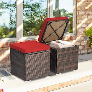 2-Piece Wicker Outdoor Ottomans Storage Box Footstool with Red Cushions