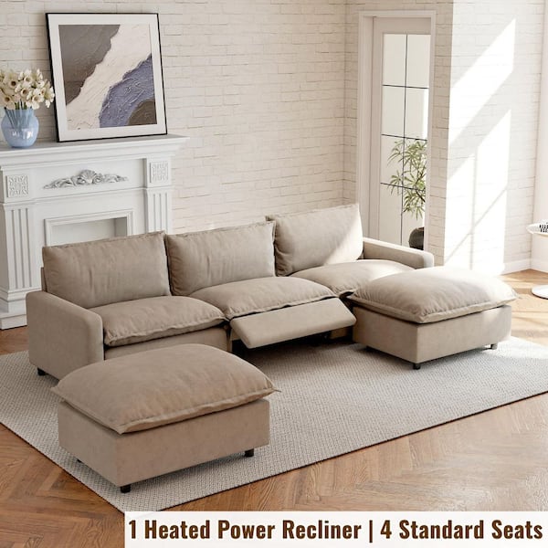 116 in. Square Arm 5-Piece U-Shaped Khaki Linen Modular Sectional Sofa with Extra Wide Cushions,Ottomans, 3-Heat Levels