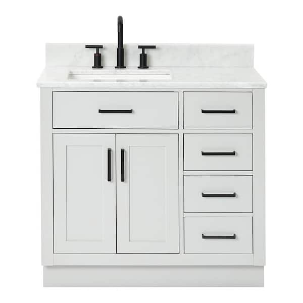Hepburn 36 in. W x 22 in. D x 35.25 in. H Bath Vanity in Gray with White Carrara Marble Vanity Top with White Basin