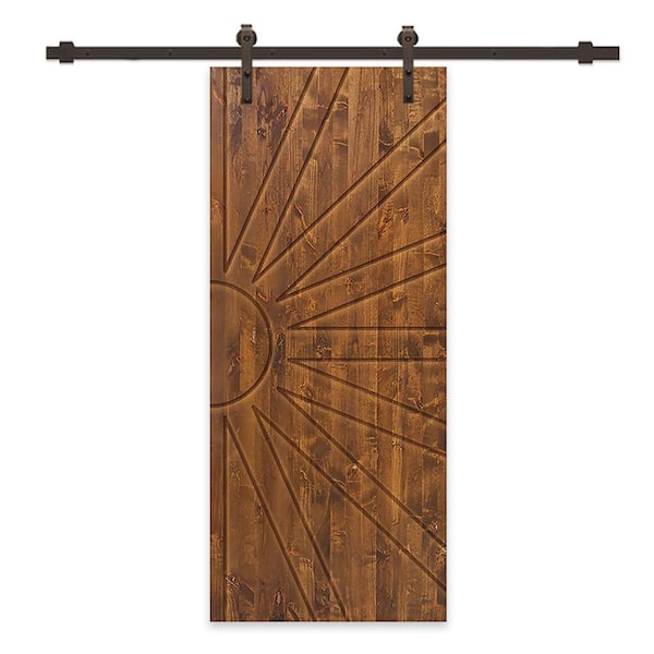 30 in. x 80 in. Walnut Stained Pine Wood Modern Interior Sliding Barn Door with Hardware Kit
