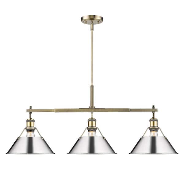 Golden Lighting Orwell 3-Light Aged Brass Linear Pendant with Chrome Shade
