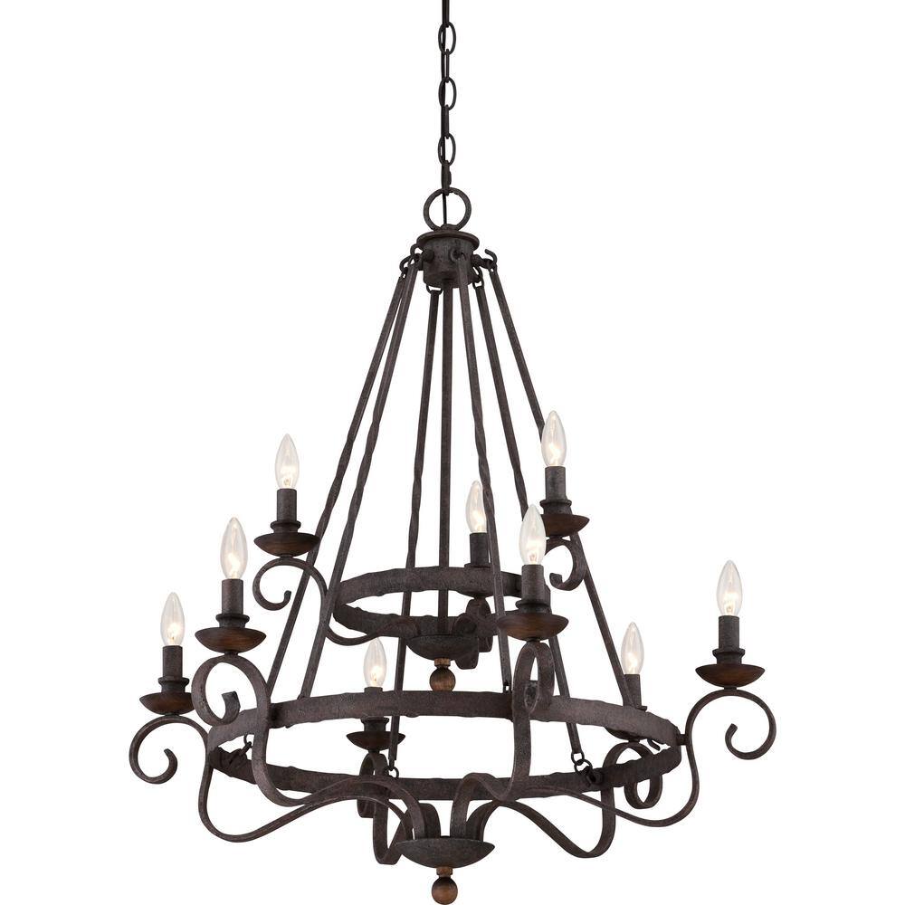 Noble Rustic Black Hammered Metal 32" Chandelier with Walnut Accents