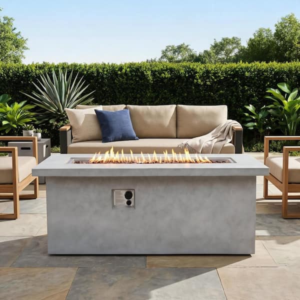 60 in. Rectangular Concrete Propane Gas Outdoor Fire Pit Table, 60000 BTU Fire Pit with Rain Cover, Hidden Tank Storage