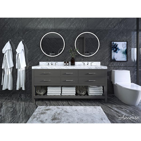 Ancerre Designs Elizabeth 72 in. W x 22 in. D Vanity in Sapphire Gray with Marble Vanity Top in Carrara White with White Basins