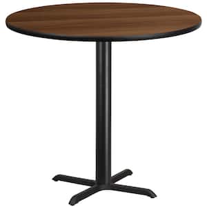 42 in. Round Walnut Laminate Table Top with 33 in. x 33 in. Bar Height Table Base