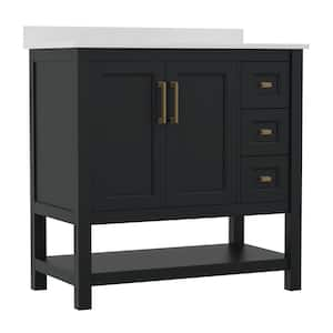 Vega 36 in. Black Bathroom Vanity Sink, Storage Cabinet, Open Shelf, 3 Drawers, White Carrara Marble Finish Countertop