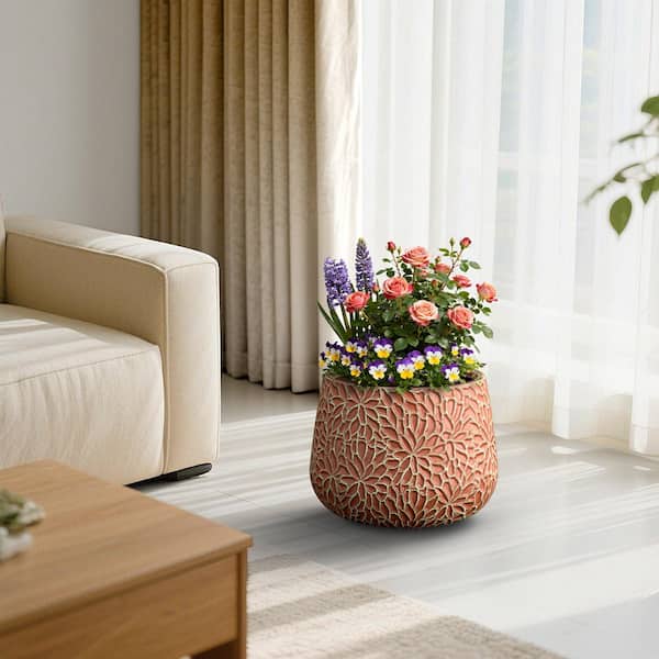 18 in. Large Teal(Upgraded Interior) Concrete Tall Round Planter / Pot with Floral Pattern with Drainage Holes