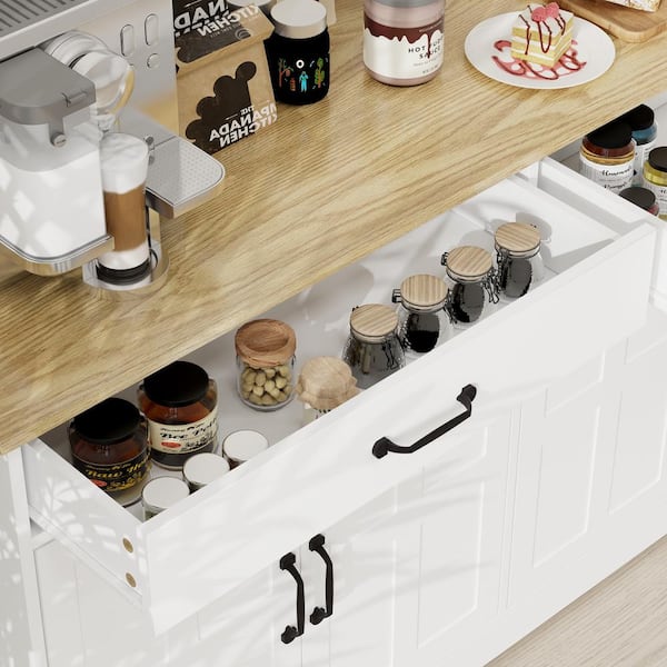 FUNKOL 55.91inx15.75inx32.09in MDF Ready to Assemble Kitchen Cabinet in White with 2 Drawers and 4 Doors with X