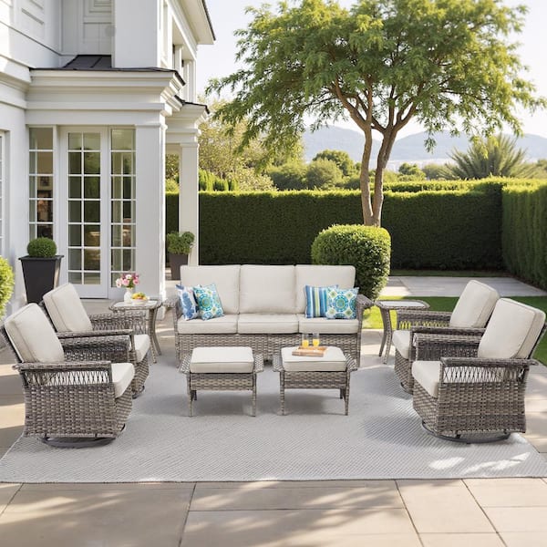 Buenaola Nyajiah 9-Piece Wicker Outdoor Patio Conversation Set with Beige Cushions