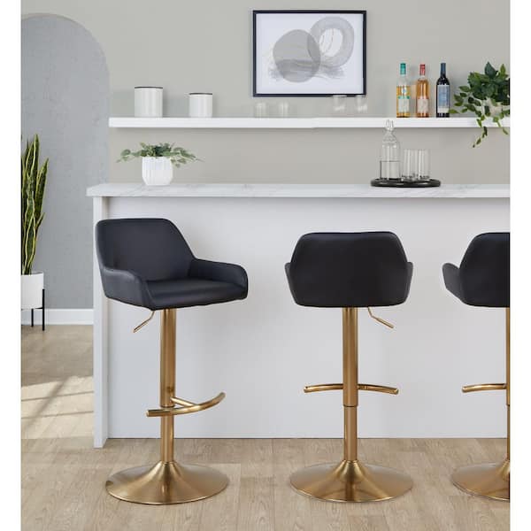 Daniella 32.25 in. Black Faux Leather and Gold Metal Adjustable Bar Stool with Rounded T Footrest (Set of 2)