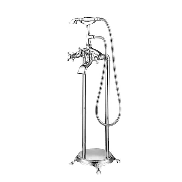 3-Handle Floor Mount Claw Foot Freestanding Tub Faucet with Hand Shower in Brushed Nickel