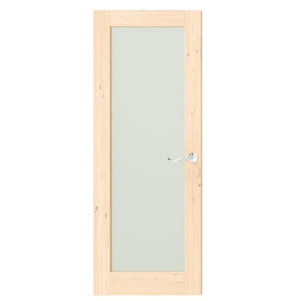 TENONER 32 in. x 80 in. Solid Wood, Full Lite, Frosted Glass, Primed, Light Brown Interior Door Slab with Silver Curved Doorknob