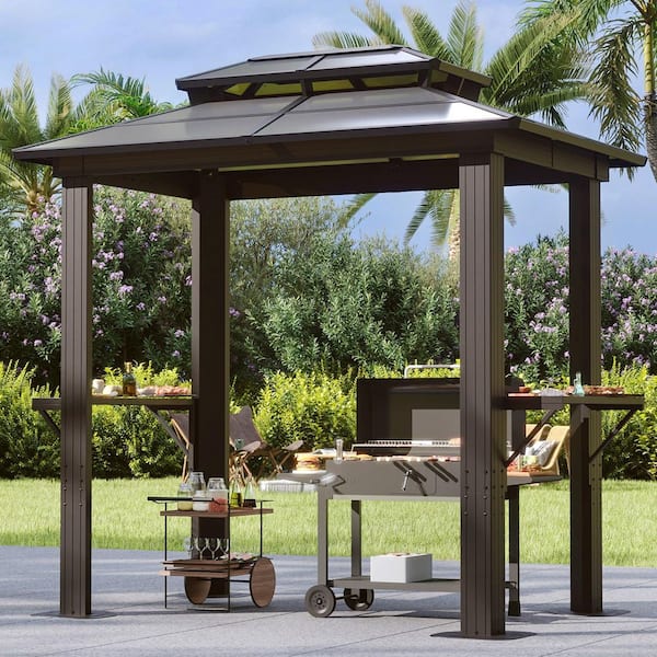 8 ft. x 5 ft. Outdoor Polycarbonate Top BBQ Gazebo, Aluminum Frame with Bar Counter and Ceiling Hooks