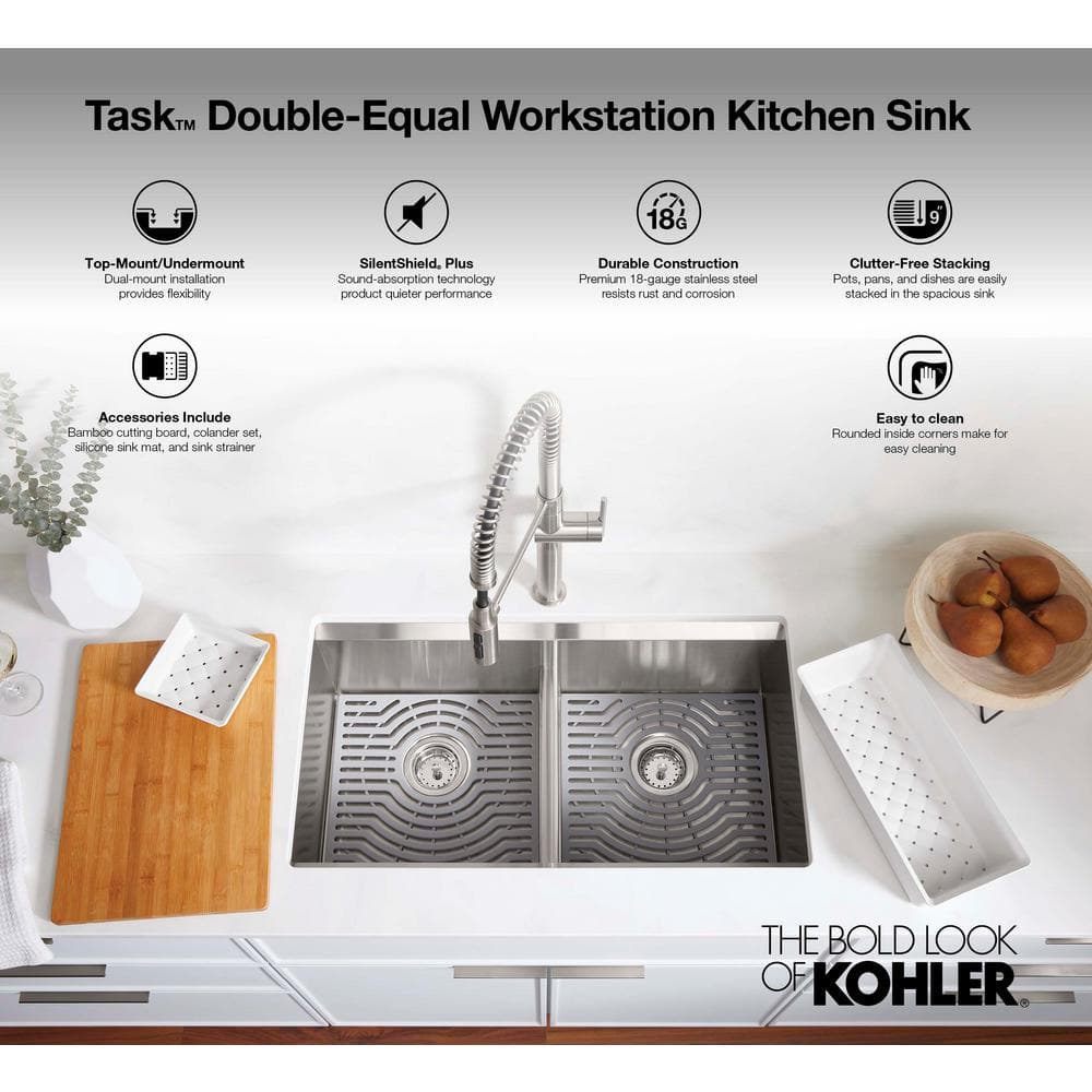 Stainless Steel Double Bowl Drop-in Workstation Kitchen Sink with Bamboo Cutting Board