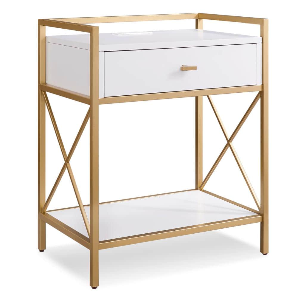White and Gold Metal Nightstand with USB Charging