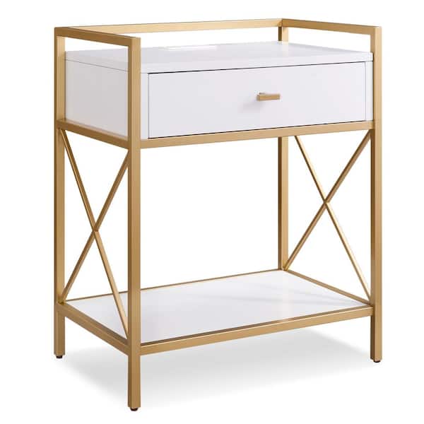 Leick Home Claudette 24 in. W x 30 in. H White and Satin Gold Wood and Metal Nightstand with AC/USB Outlets and 1-Drawer and Shelf