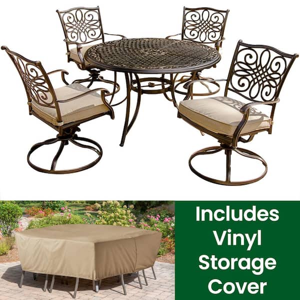 Hanover Traditions 5-Piece Aluminum Round Outdoor Dining Set with Swivel Chairs, Cover and Natural Oat Cushions included