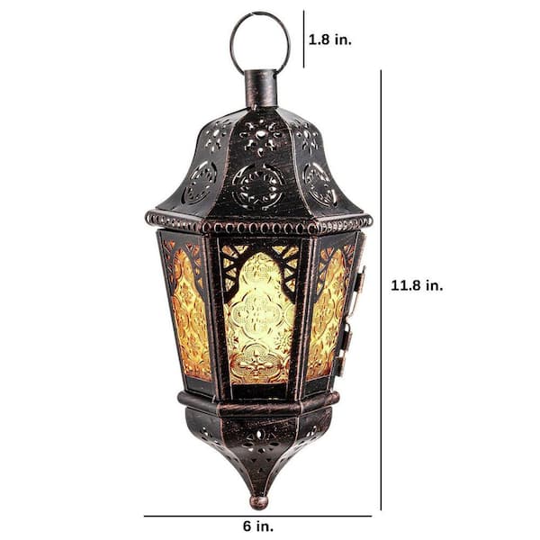 13.6 in. x 6 in. Bronze Metal Vintage Hanging Lantern with Amber