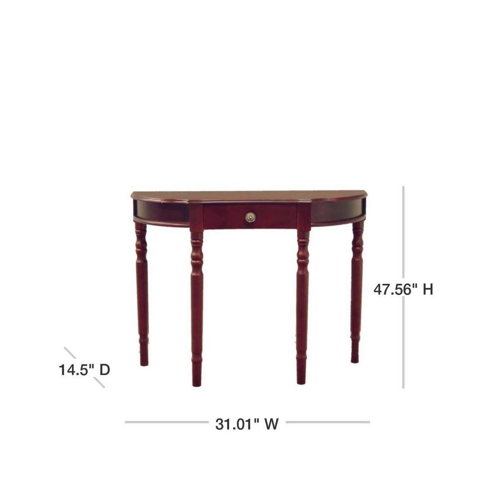 Dark Cherry Wood Half-Moon Console Table with Storage Drawer