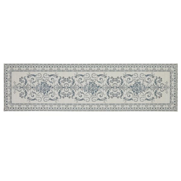 Laura Ashley Josette Medallion Chenille Sea Spray Blue 2 ft. x 8 ft. Polyester Runner Rug