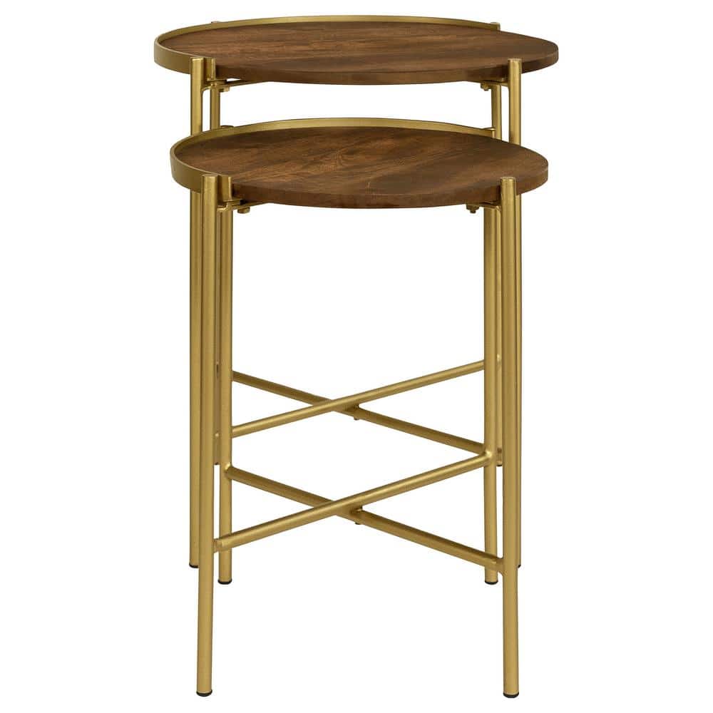 Round Dark Brown and Gold Wood Metal Nesting Tables