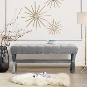 Bryoni Light Grey Velvet Bench Button Tufted Nailhead Trim X-Leg