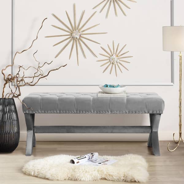 Inspired Home Bryoni Light Grey Velvet Bench Button Tufted Nailhead Trim XLeg BH0602LGHD