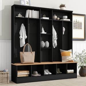 Multifunctional 4 in 1 Black Hall Tree with Storage Bench, 5-Cube Storage, Open Shelves, and 8-Hooks