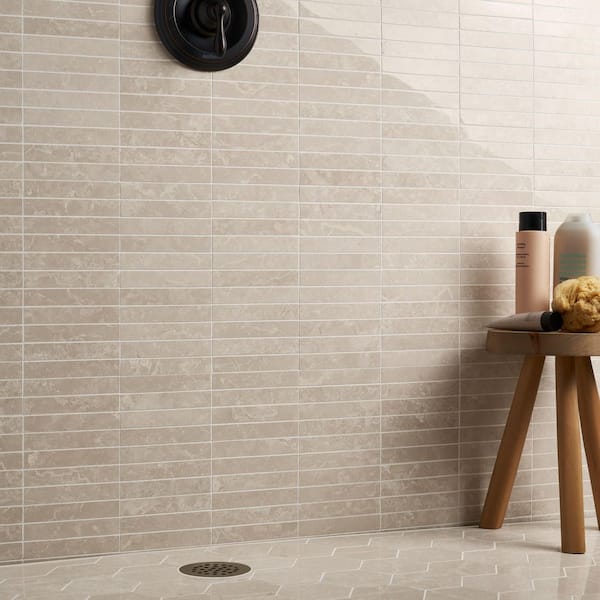 Botticino Extra Light Beige 4 in. x 0.37 in. Stacked Polished Marble Mosaic Floor and Wall Tile Sample