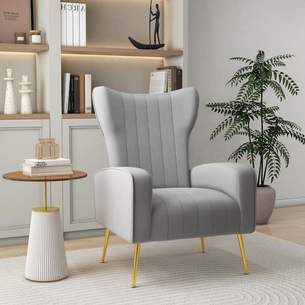 Modern Gray Wide armreat Velvet upholstered Fabric Accent Armchair with Metal Legs