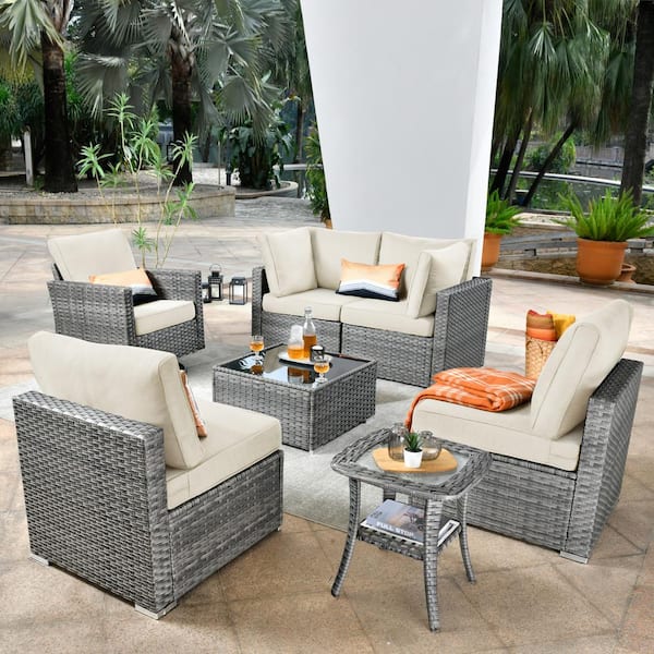 Daffodil M Gray 7-Piece Wicker Patio Outdoor Conversation Sofa Set with a Swivel Rocking Chairs and Beige Cushions