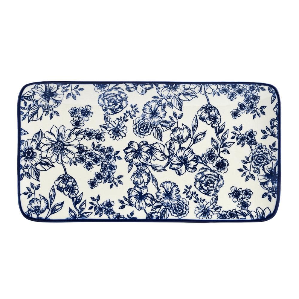 Gabriela Blue and White Floral Ceramic Rectangular Platter