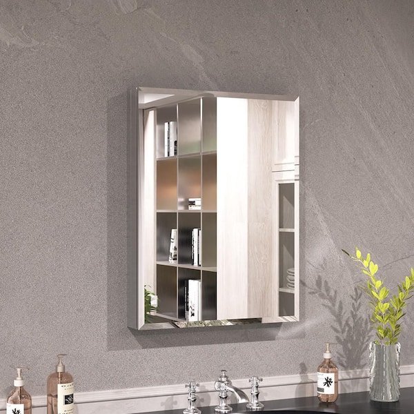 Keen 23 in. x 30 in. Framless Recessed or Surface-Mount Rectangular Aluminum Medicine Cabinet with Mirror in Silver