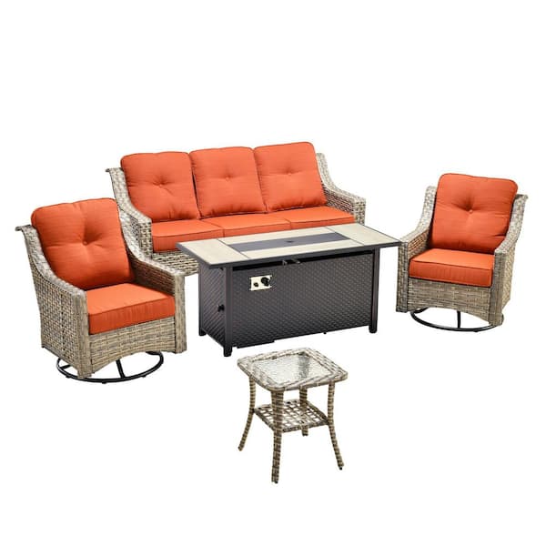 Cherry 5-Piece Wicker Outdoor Fire Pit Furniture Patio Conversation Sofa Set with Swivel Chairs and Orange Red Cushions