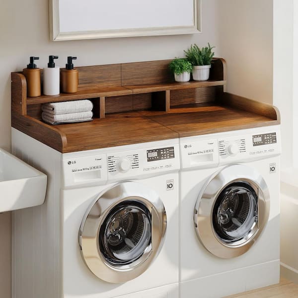Walnut MDF Washer Dryer Countertop, 2-Tier Organizer with Edge for Laundry Kitchen Counter Storage Organization