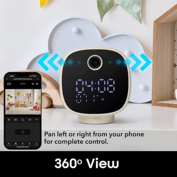 Geeni Serenity Smart Plug-In Clock Security Camera, Indoor 1080P Wi-Fi Monitor, 2-Way Audio, Night Light