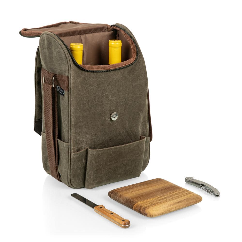 Khaki Green Waxed Canvas Wine Cooler Bag with Acacia Wood Cheese Board
