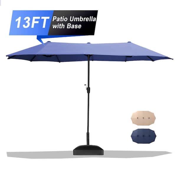 13 ft. Market Double-Sided Rectangular Patio Umbrella in Blue with Mobile Base