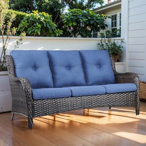 3 Seat Wicker Outdoor Patio Sofa Couch with Deep Seating and Cushions, Suitable for Porch Deck Balcony (Brown/Blue)
