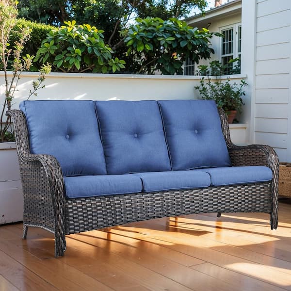 Pocassy 3 Seat Wicker Outdoor Patio Sofa Couch with Deep Seating and Cushions, Suitable for Porch Deck Balcony (Brown/Blue)